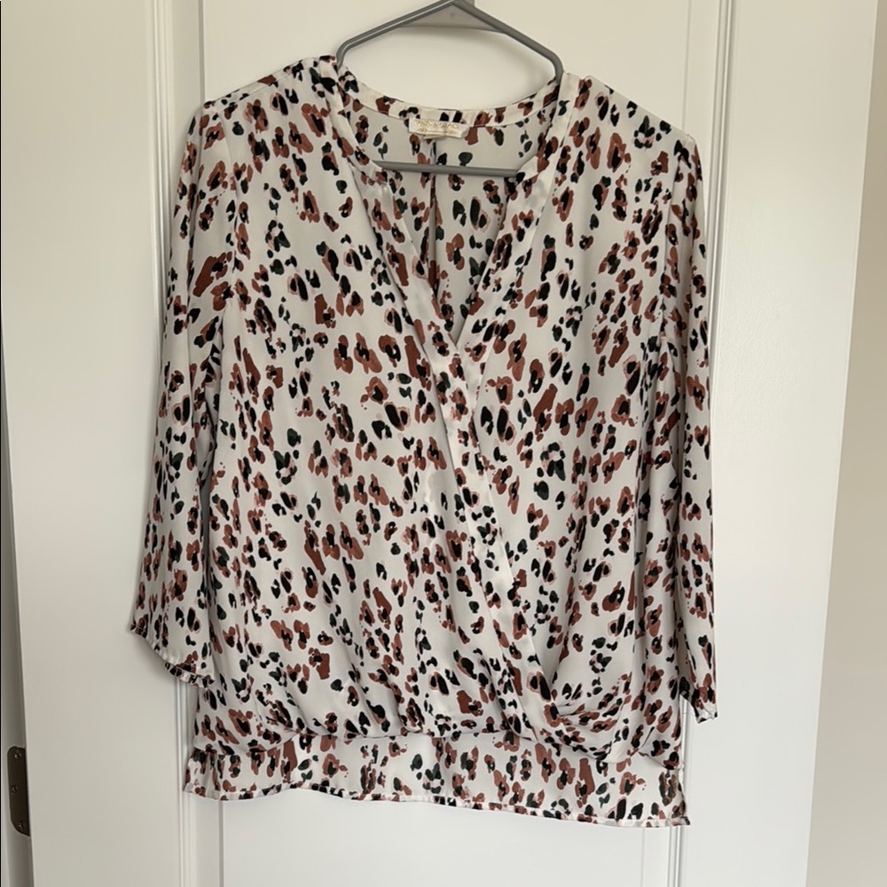Brown and Red Wrap Blouse with Mandarin Collar